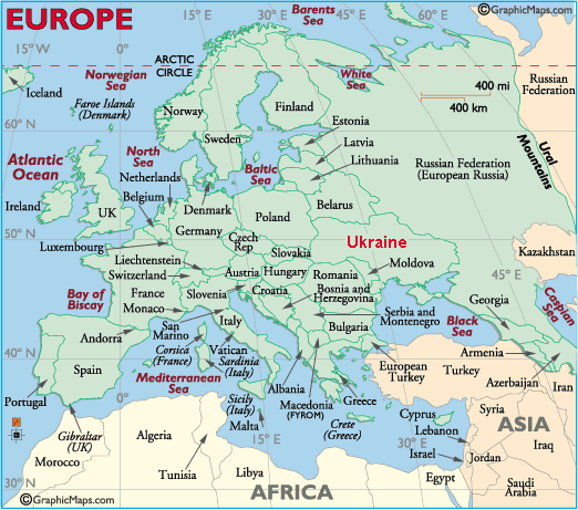 Map of Europe showing location of Ukraine